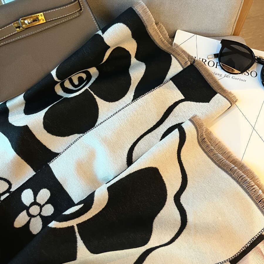 Elegant Camellia Scarf Breathable Thermal Lady Scarf Black White Fashion, Perfect For Spring And Summer Multi Functional Beach Casual Accessories