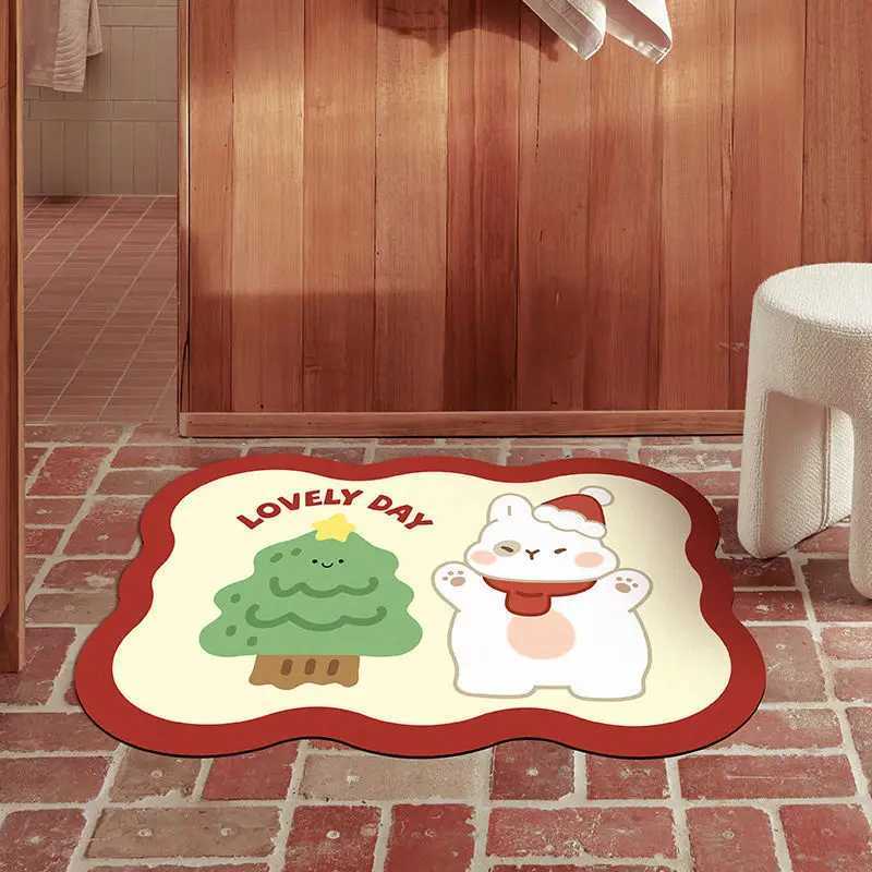 Christmas red cartoon diatom mud floor mat bathroom toilet door water absorption non-slip foot mat quick drying door mat H251205