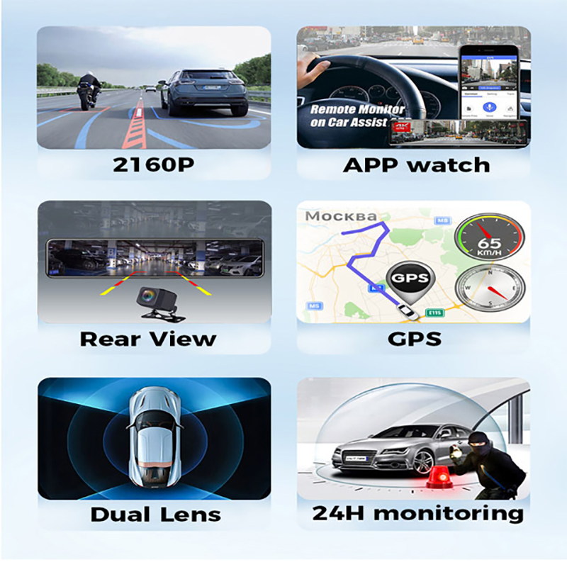 12-Inch 4K Car DVR with GPS & Dual Channels -Wireless Carplay Android Auto Screen- Rear View Mirror + Built-in 1080p Camera+32GB Micro SD Card