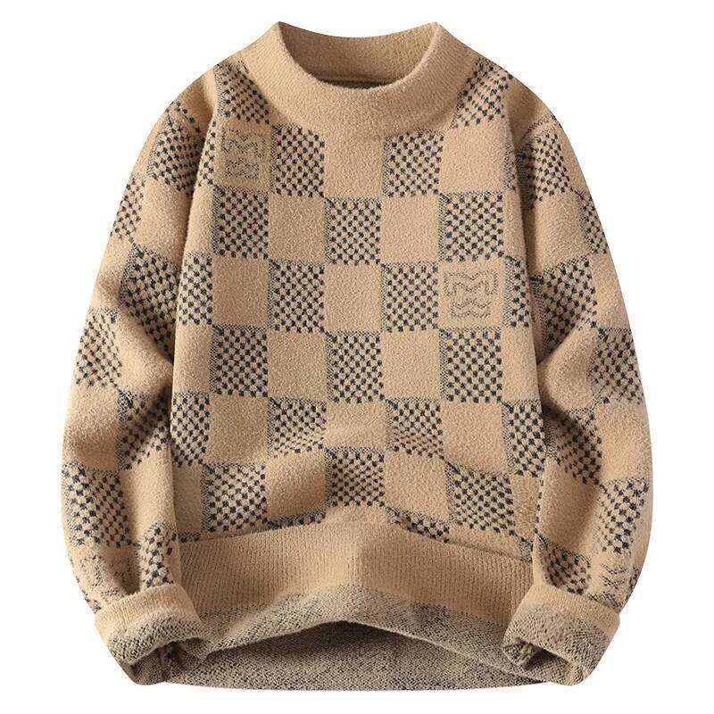 New Checkered Sweater American 2024 Trendy Men's Tops Classic Autumn Knitted Hoodie Fashionable Slimming Harajuku