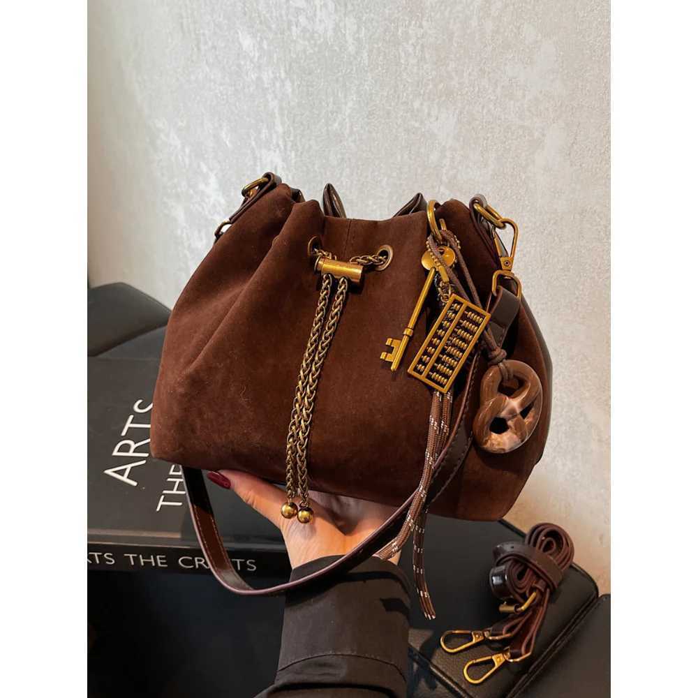 Women Vintage One Shoulder Bag Frosted Solid Drawstring Soft All-Match Bucket Bags High-Grade Versatile Commute Crossbody Packs
