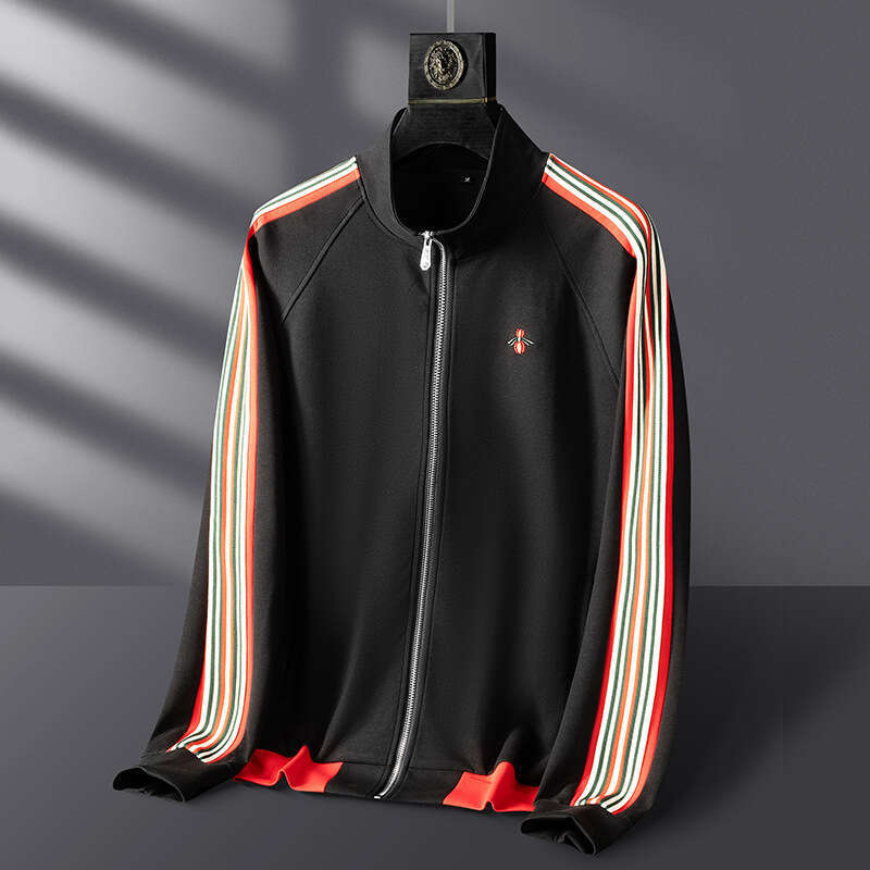 Minglu Bee Embroidery Elasticity Men's Sweatshirts Luxury Stand Collar Zipper Spring Autumn Sport Casual Cotton Male Hoodies 4XL