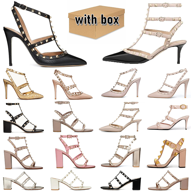 Luxury Designer High Heels 6cm 8cm 10cm Women Sandals Slides Shoes Slippers Leather Stud Sandals Nude Women Rivets Thin Heels Fashion Dress Shoes with box