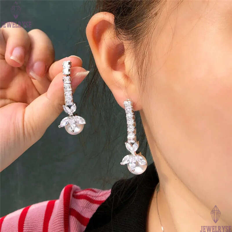 Luxury Long Stud Charm Flowers Bridal Earrings Wedding Diamond Silver Designer Earring for Woman Imitation Pearl AAA Cubic Zirconia Womens Engagement 