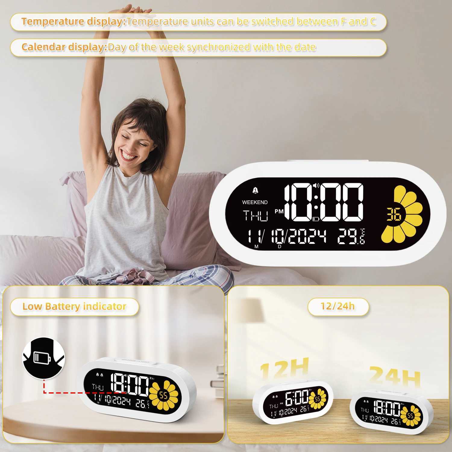 2025 New Multifunctional LCD Digital Alarm Clock - Large Display with Snooze for Adult Kids Sunflower Design Desk Clock M251205 - view 3