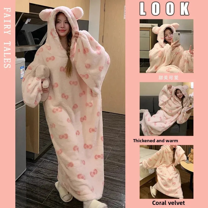 Thickened Coral Fleece Sleepwear Womens Winter Hat Hood Long Sleeve Plush Robe Velvet Dressing Gown Home Clothes Pyjamas 251129 - view 3