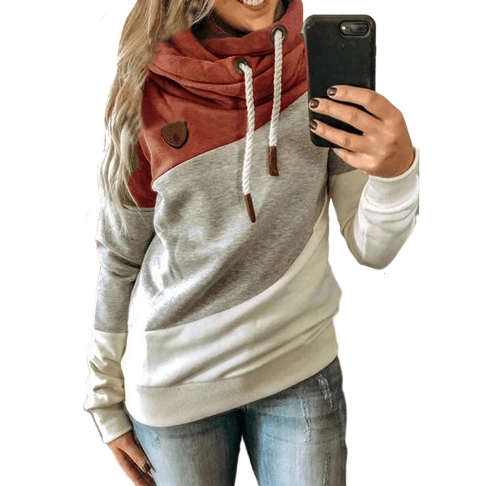 Autumn and winter womens casual fashion contrast color stitching Hooded Fleece loose sweater