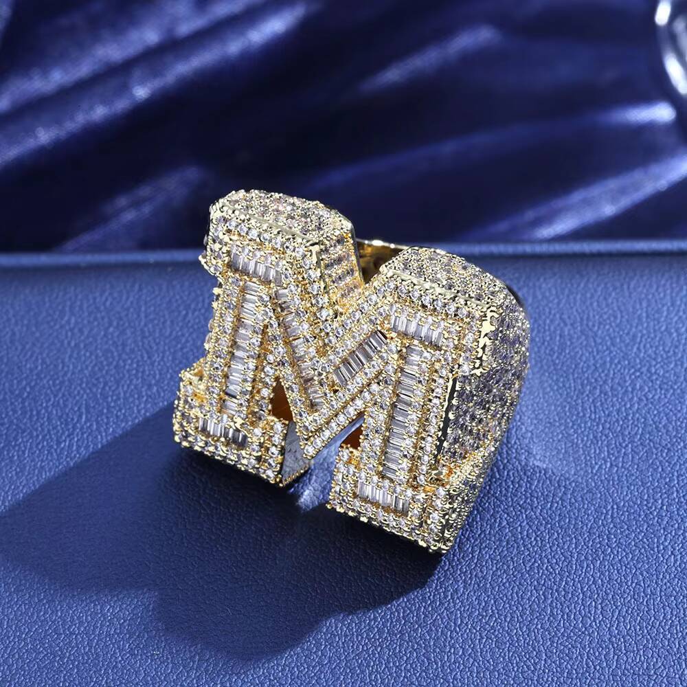 Custom Letter M Vvs Iced Out Baguette Moissanite Hip Hop Ring Pass Diamond Test 925 Silver 18K Gold Plated Fine Jewelry Ring Men
