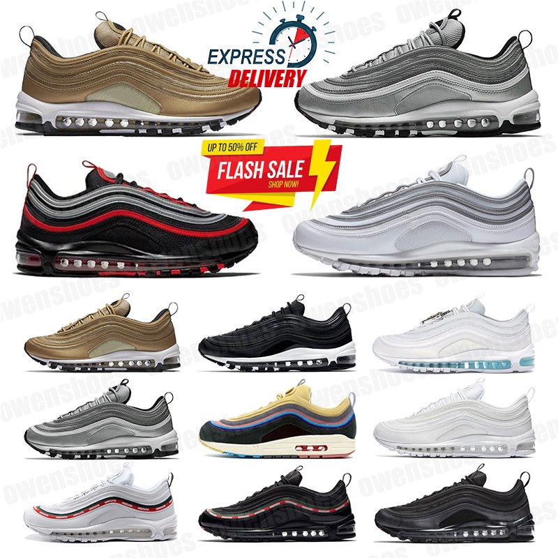 2026 Hot 97 97s Men Running Shoes Jesus Satan Triple White Black Reflective Bred Sean Red Leopard Volt Mens Womens Trainers Outdoor Sports Sneakers 36-46