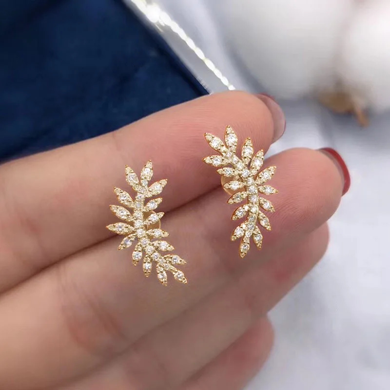 Personality Crescent Shaped CZ Crystal Leaf Feather Knot Stud Earrings for Women 925 Silver Ear Climbers Ear Female Jewelry 251202