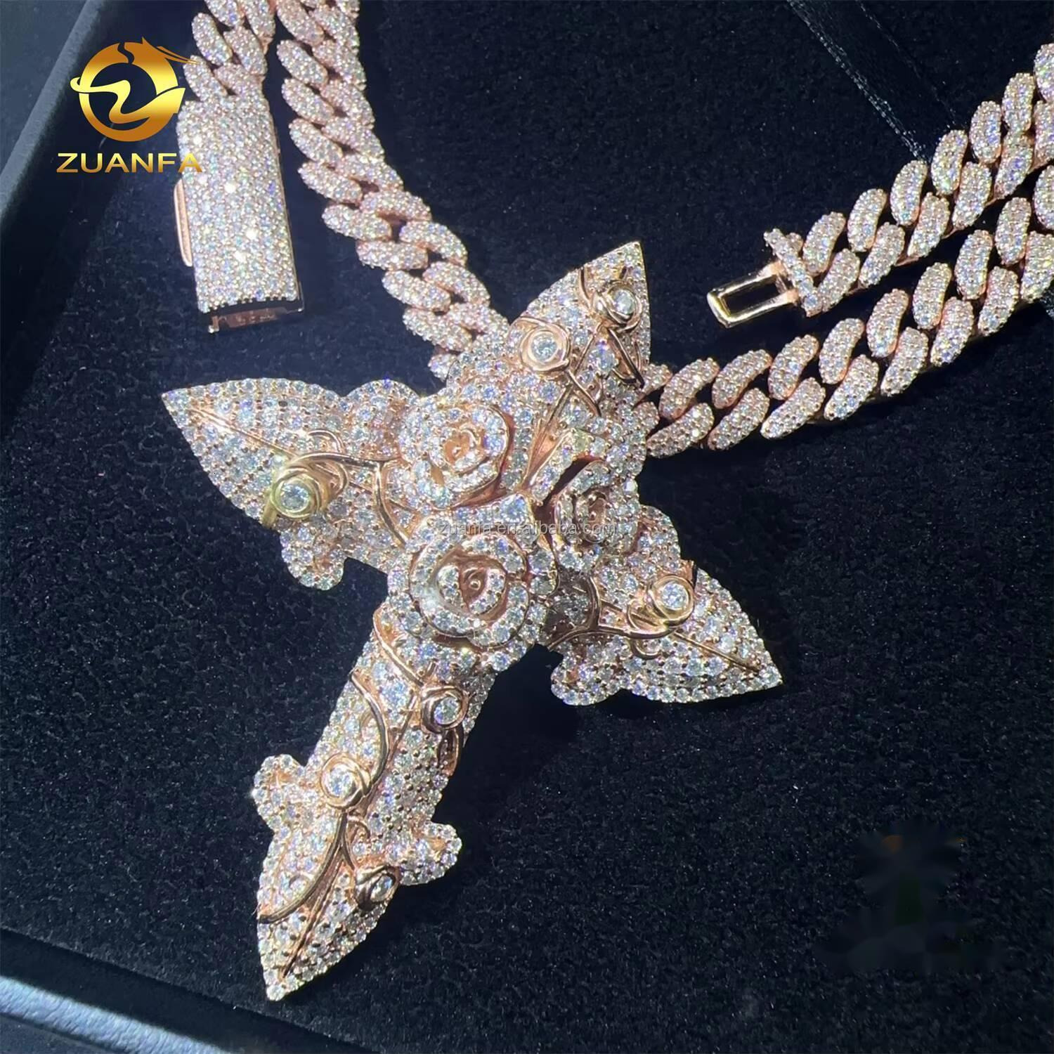Fashion Man Jewelry Rose Gold Color Hip Hop Pendant S925 VVS1 Moissanite Diamond Rose Cross Pendant Cuban Chain Necklace Set