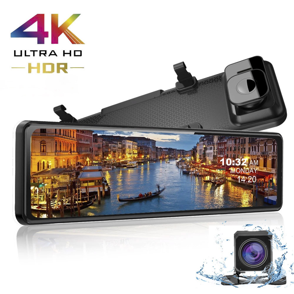 12-Inch 4K Car DVR with GPS & Dual Channels -Wireless Carplay Android Auto Screen- Rear View Mirror + Built-in 1080p Camera+32GB Micro SD Card
