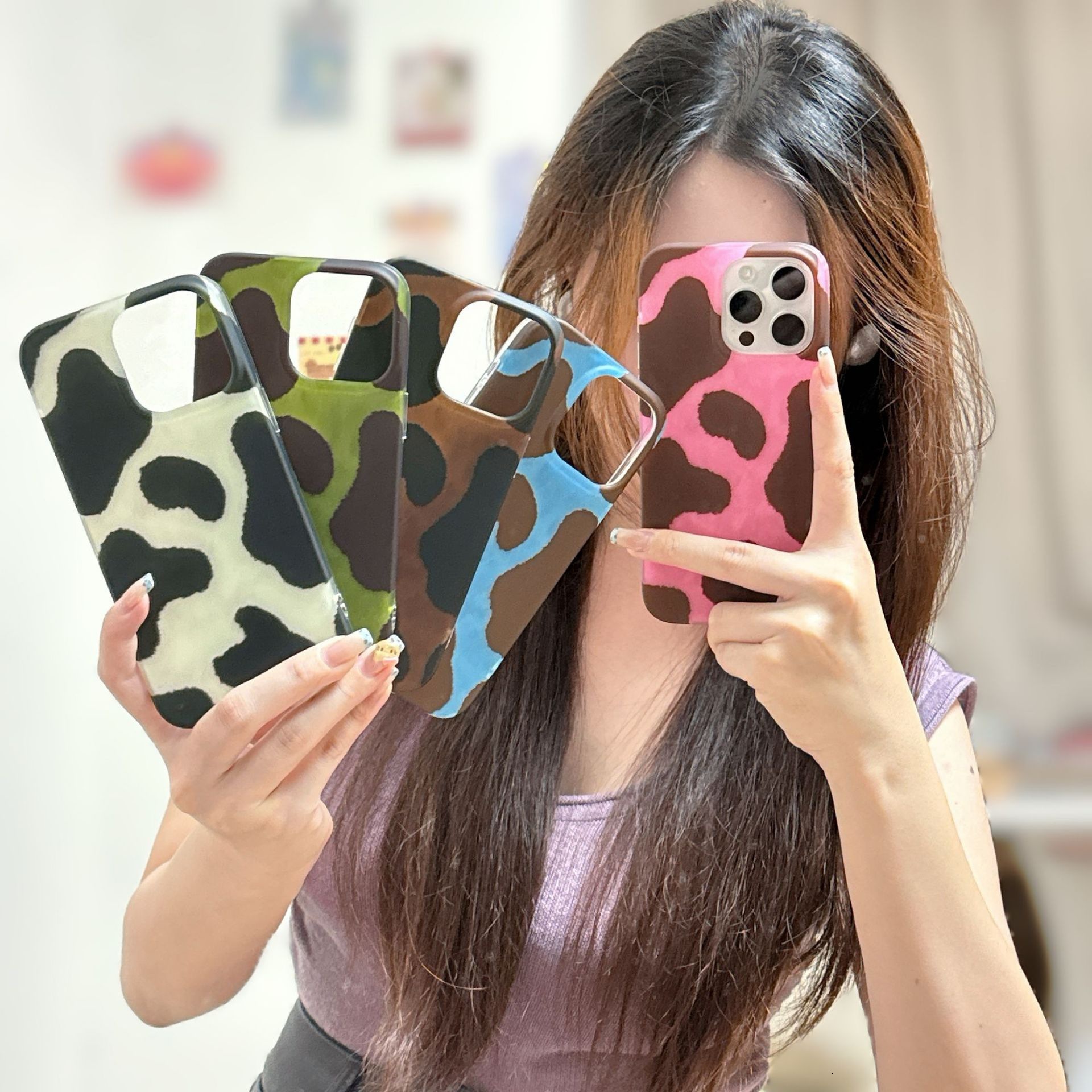 INS Korean Style Matte Cow Pattern Compatible with 17 Pro Max Apple iPhone 16 Case 15/14 Retro 13 for Women