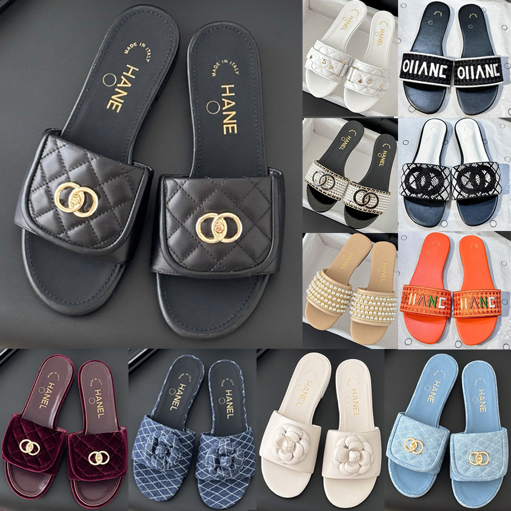 Designer Slides Sandals Flat Slippers Womens Calfskin Quilted Sandal Summer Fashion Casua High Quality Genuine Leather Flats Low Heel Beach Holiday Flip Flop