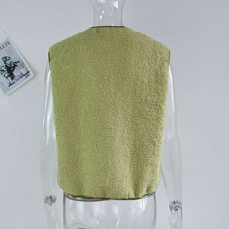 European And American Cross-Border Autumn Women's Fashion Elegant Temperament Lamb Wool Single-Breasted Pocket Sleeveless Vest B1