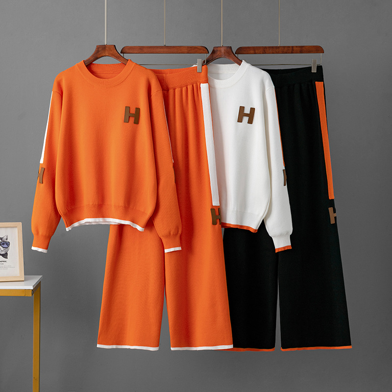 Knitted Fashion Set Round Neck Top Loose Casual Sweatpants Women Style one Size