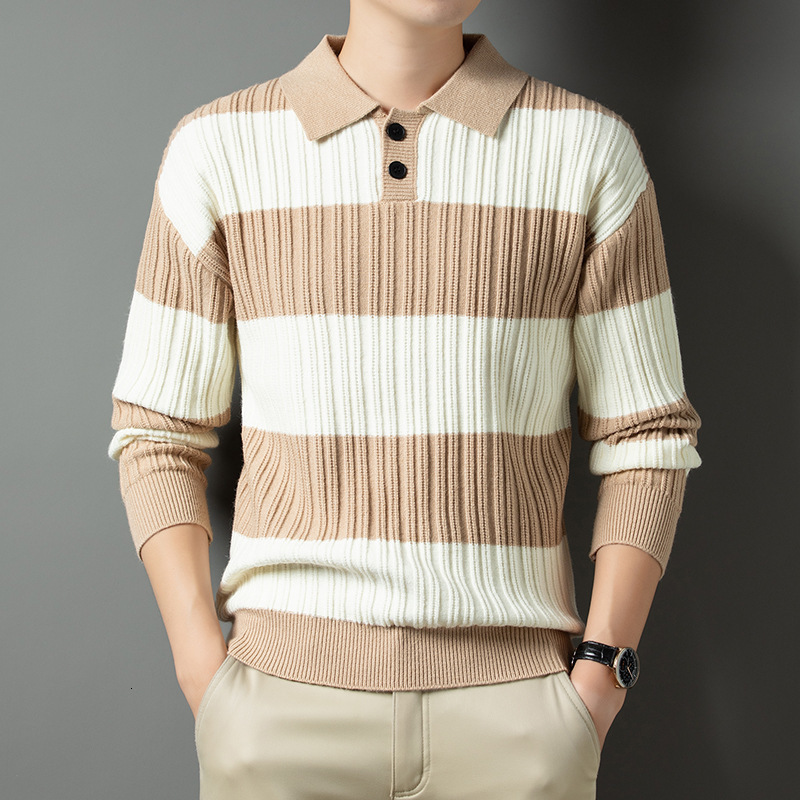 Mens Fashion Striped Button Polo Collar Long Sleeve Pullover Knitted Sweater Mens Casual Slim Fit Sweater Top 240906