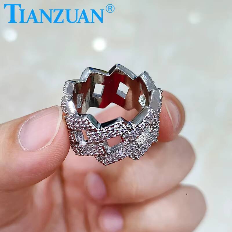 14mm Sterling 925 Silver Two Rows Solid Hip Hop Moissanite Ring Men Women Round Brilliant Diamonds Engagement Male Jewelry