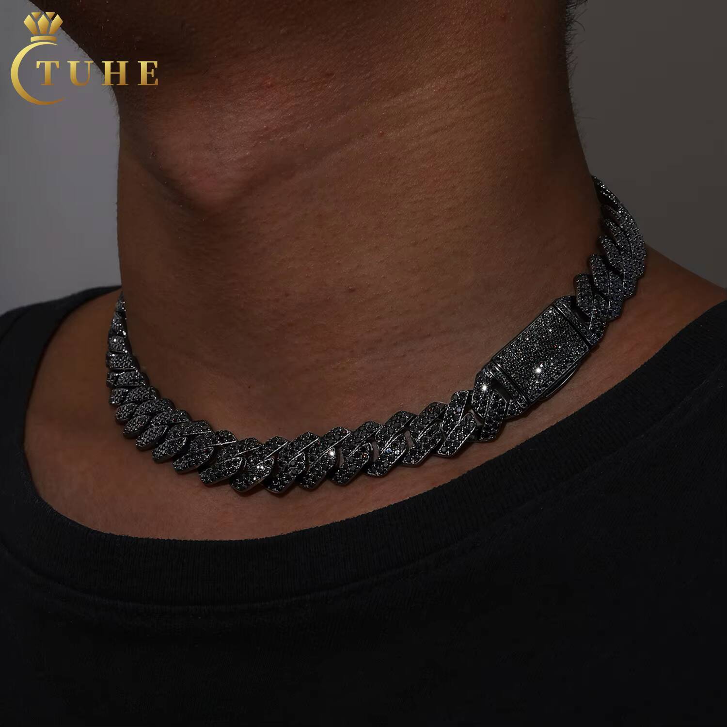 Punk Hip Hop Jewelry Mens Black Gold Plated 14mm S925 Silver Black VVS Moissanite Diamond Iced Out Cuban Link Chain Necklace