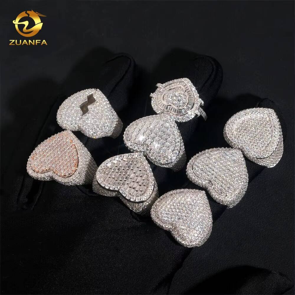 High Quality VVS Moissanite Jewelry 7Designs Heart Shape Ring Iced Out Diamond 925 Silver Fine Hip Hop Jewelry Men Ring