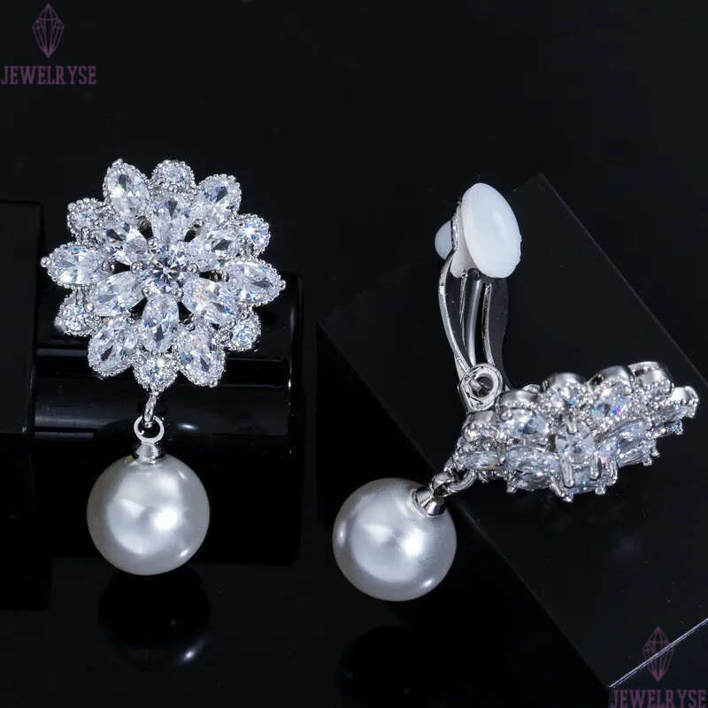 Luxury Clip on Screw Back Flower Earring Designer for Woman AAA Cubic Zirconia Diamond Silver Bridal Wedding Dangle Earrings Jewelry Elegant Female Ac