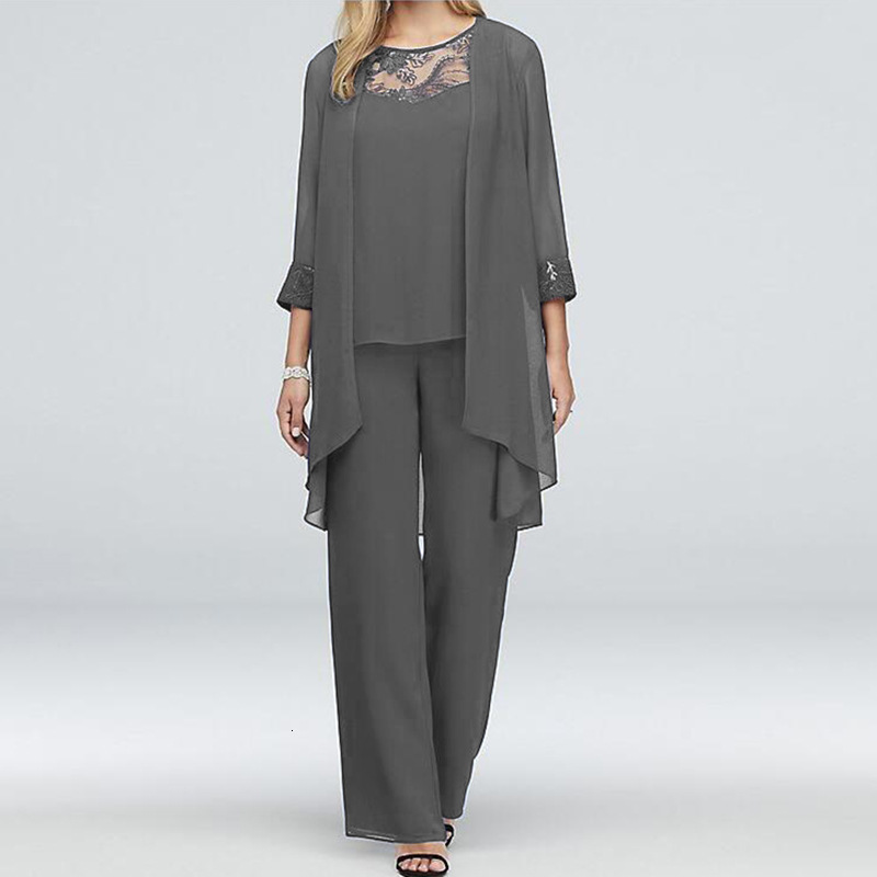 Plus Size Floral Lace 3/4 Sleeve Solid Three Pieces Set Pant Suits for Women's Matching Set Chiffon Elegant Loose Autumn Outfit 240125CJ