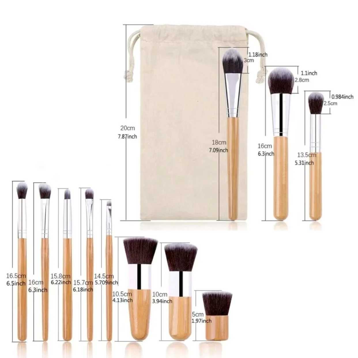 11pcs Natural Bamboo Handle Makeup Brushes Foundation Blending Make Up Tool Set With Cotton BagT251205