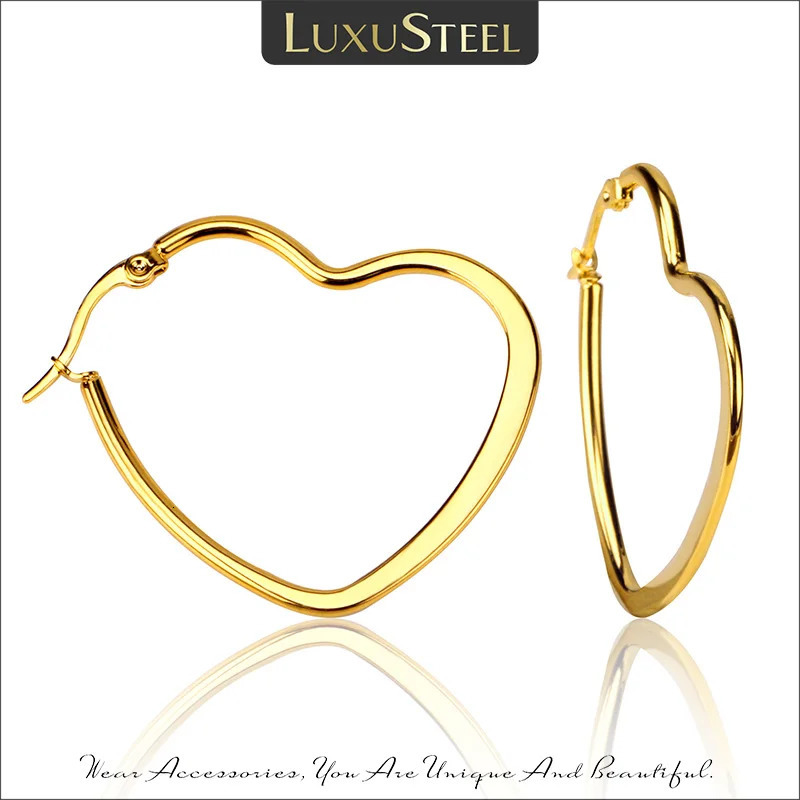 LUXUSTEEL Big Heart Hoop Earrings Women Accessories Gold Color Size 25mm 35mm 45mm Earrings Fashion Jewelry Stainless Steel 251201