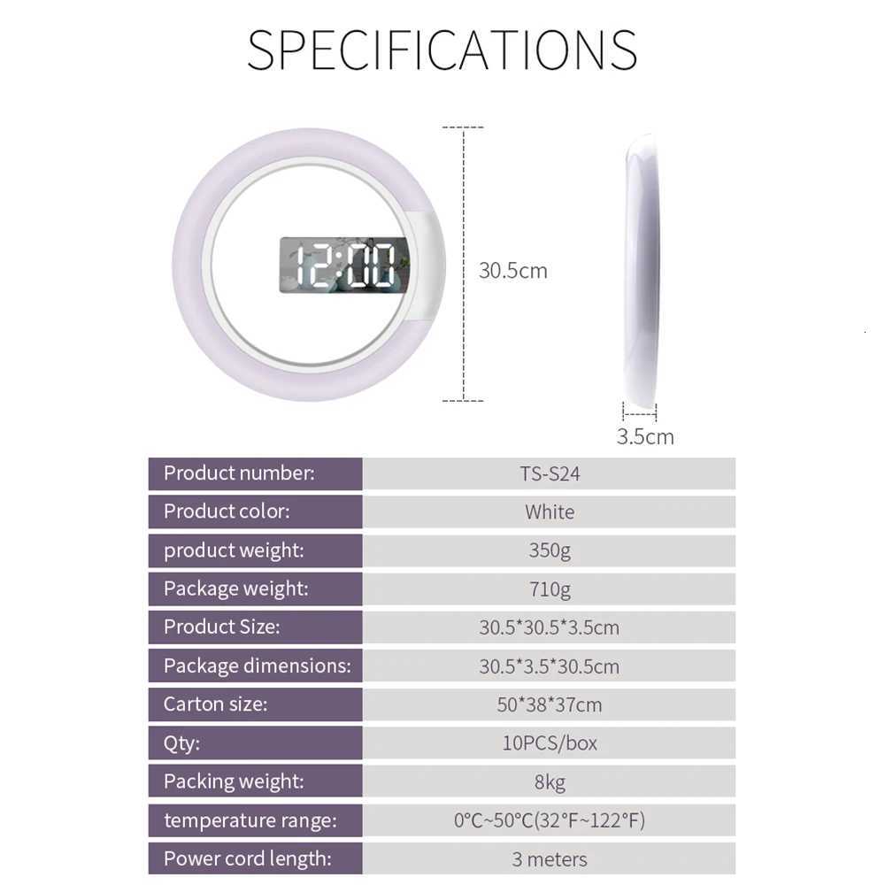 LED Mirror Hollow Wall Clock with Remote Control Round Digital Alarm Clock Wall Decoration Light 7 Color Night Light 12/24H Mode M251205 - view 6