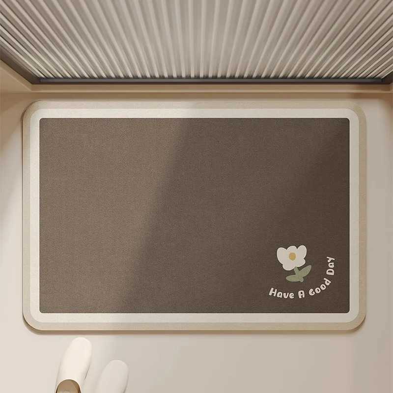 VIKAMA Japanese Style Heng Entrance Rug Dark Brown With White Floral Pattern Absorbent Non Slip Doormat Home Decor H251205