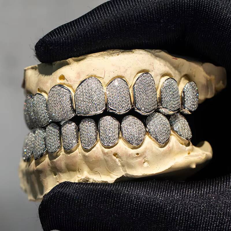 Grillz for Teeth Customize Rapper Iced Out Fangs Teeth Grillz 925 Sterling Silver Iced Out Moissanite Grillz