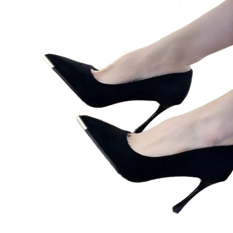 Women 5 7 9cm Black suede high-heeled women's metallic pointed-toe thin heel shallow-mouthed ladylike French style 241014