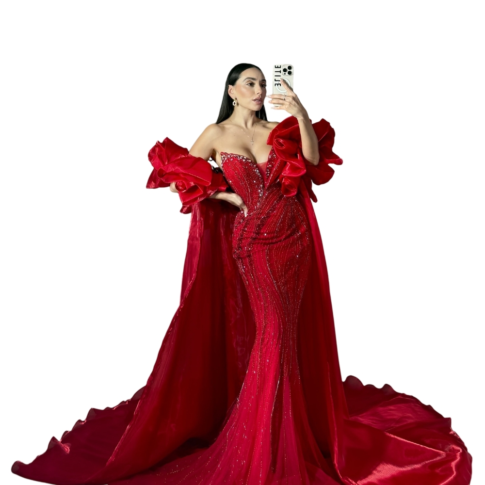 Exquisite Sequins Evening Dresses Strapless Rhinestone Prom Gown with Cape Princess Beading Mermaid Customized Vestidos De Noche Plus Size