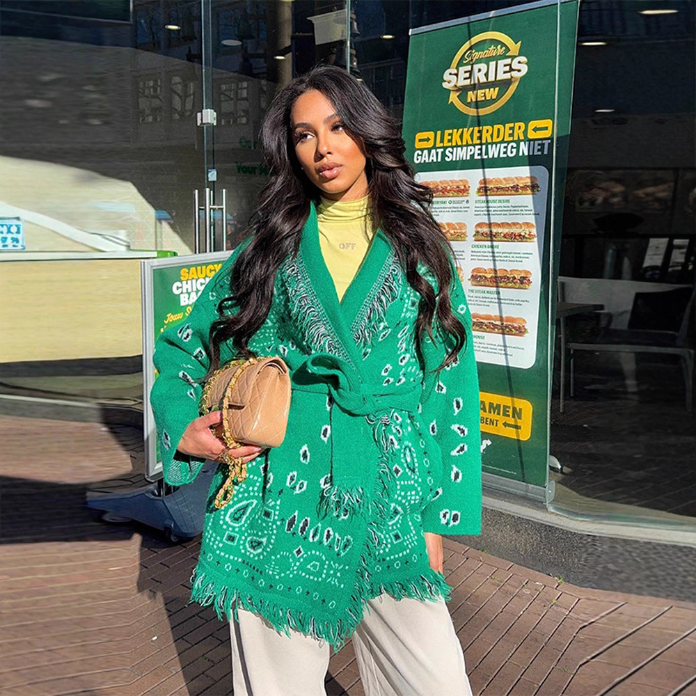 Elegant Knit Jacquard Tassel Belt Cardigan Women Lace Up Lapel Long Sleeve Warm Sweater 2025 Autumn Winter Lady Knitwears 251112