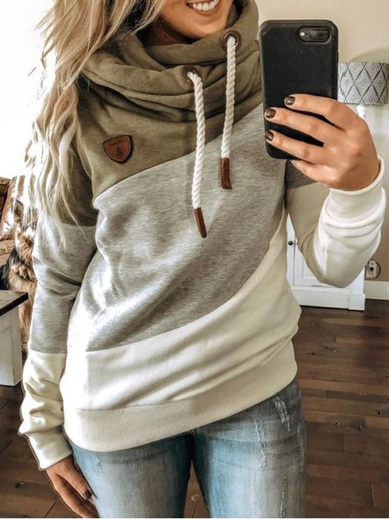 Autumn and winter womens casual fashion contrast color stitching Hooded Fleece loose sweater