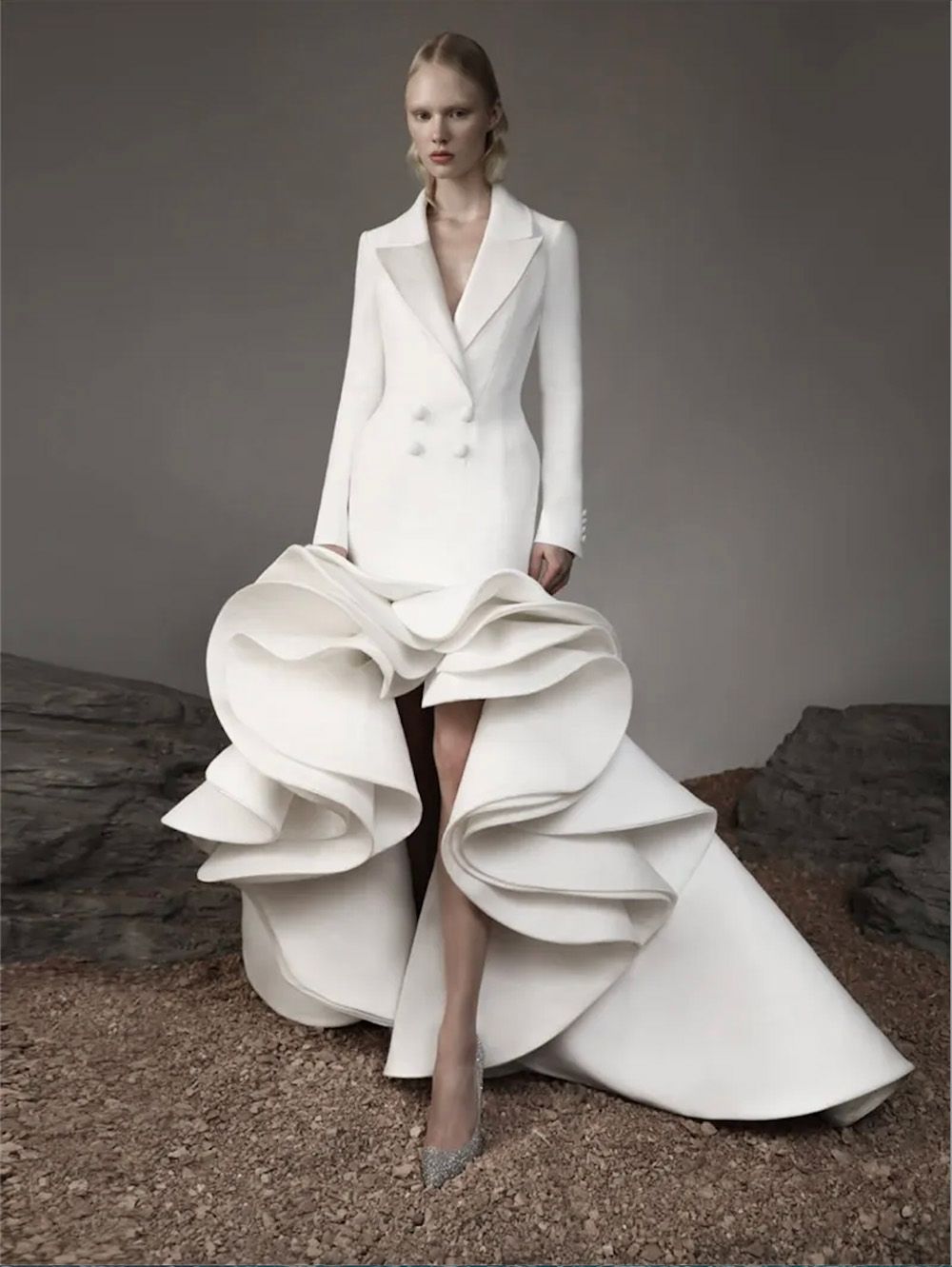 Formal Women Suit Evening Dresses Double Breasted Deigner Robe De Soiree Custom Made Tiered Satin Prom Gown D05