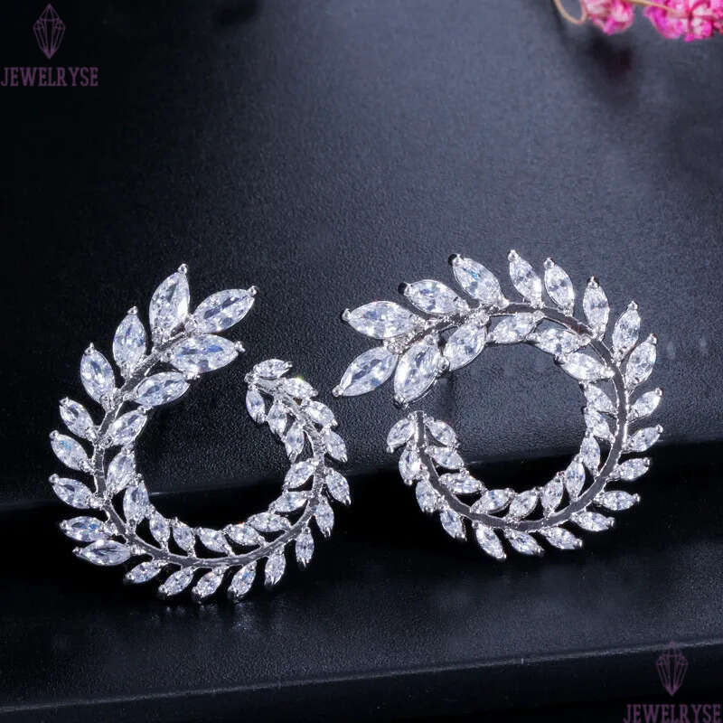 Elegant Hoop jewelry Earrings Leaf Circle AAA Cubic Zirconia Copper White CZ Earring For Women Party Diamond Graceful earrings Bride Wedding Engagemen