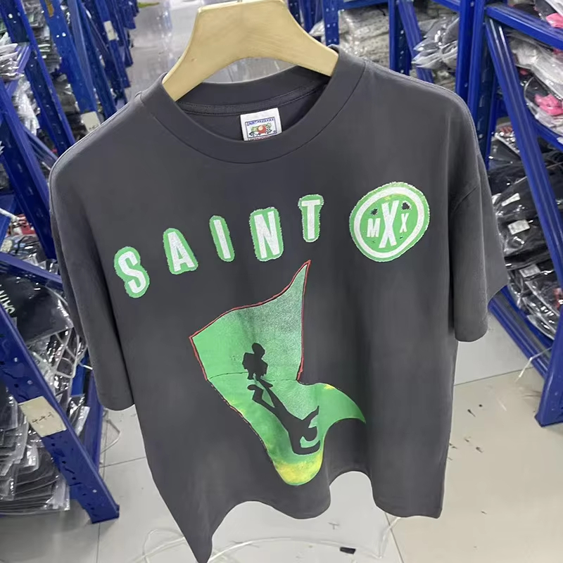 Green Letters Graphics Print Short Sleeve T Shirt Men Women Vintage Washed Black Splash-Ink T-Shirt Oversized Cotton Tee