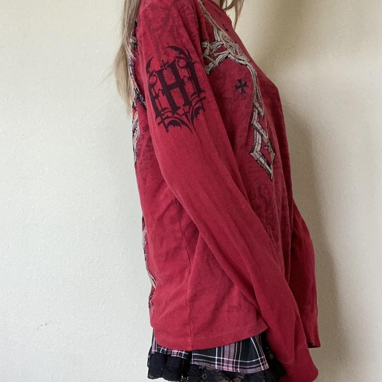 2000s Cross Cyber Goth Patchwork Long Sleeve Tees Y2K Grunge Emo Vintage T-shirt E-girl Gothic Harajuku Loose Tops Women Men 240726