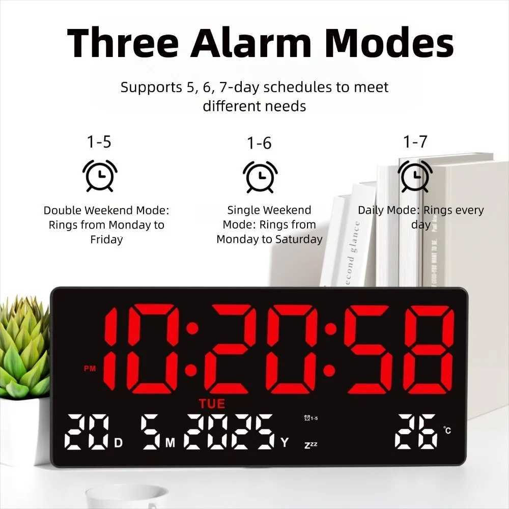 Large Digital Wall Clock Time/Date/Week/Temp Display 3 Alarm Clock LED Alarm Clock Brightness Adjustable Snooze M251205 - view 3