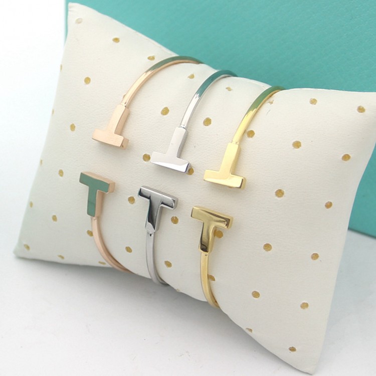 3 Colors Luxury Designer Elastic Open Bangle Letter T Bracelet, Double T-shaped 18K gold-plated Bracelet Hypoallergenic Fashion Bangles For Women