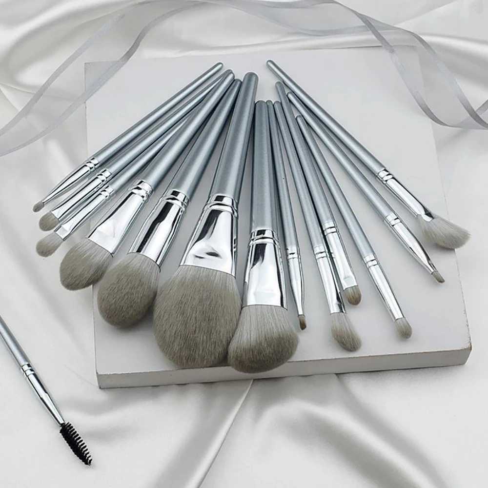 14pcs Silver Makeup Brushes Set Powder Grey Blush Concealer Foundation Eyeshadow Eyeliner Eye Cosmetics Face Beauty ToolsT251205