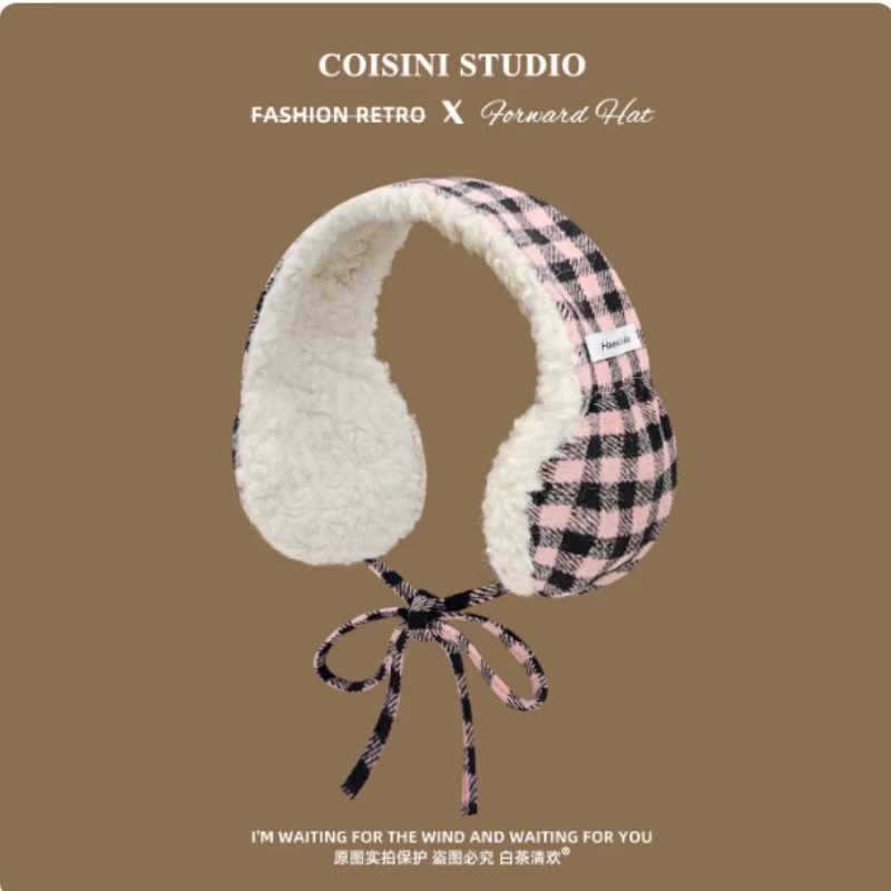 Korean Color-blocked Plaid Plush Earmuffs Womens Winter Fashion Literary Art Thickened Cycling Ear Protection Lace-up HeadbandXJ251205 - view 3
