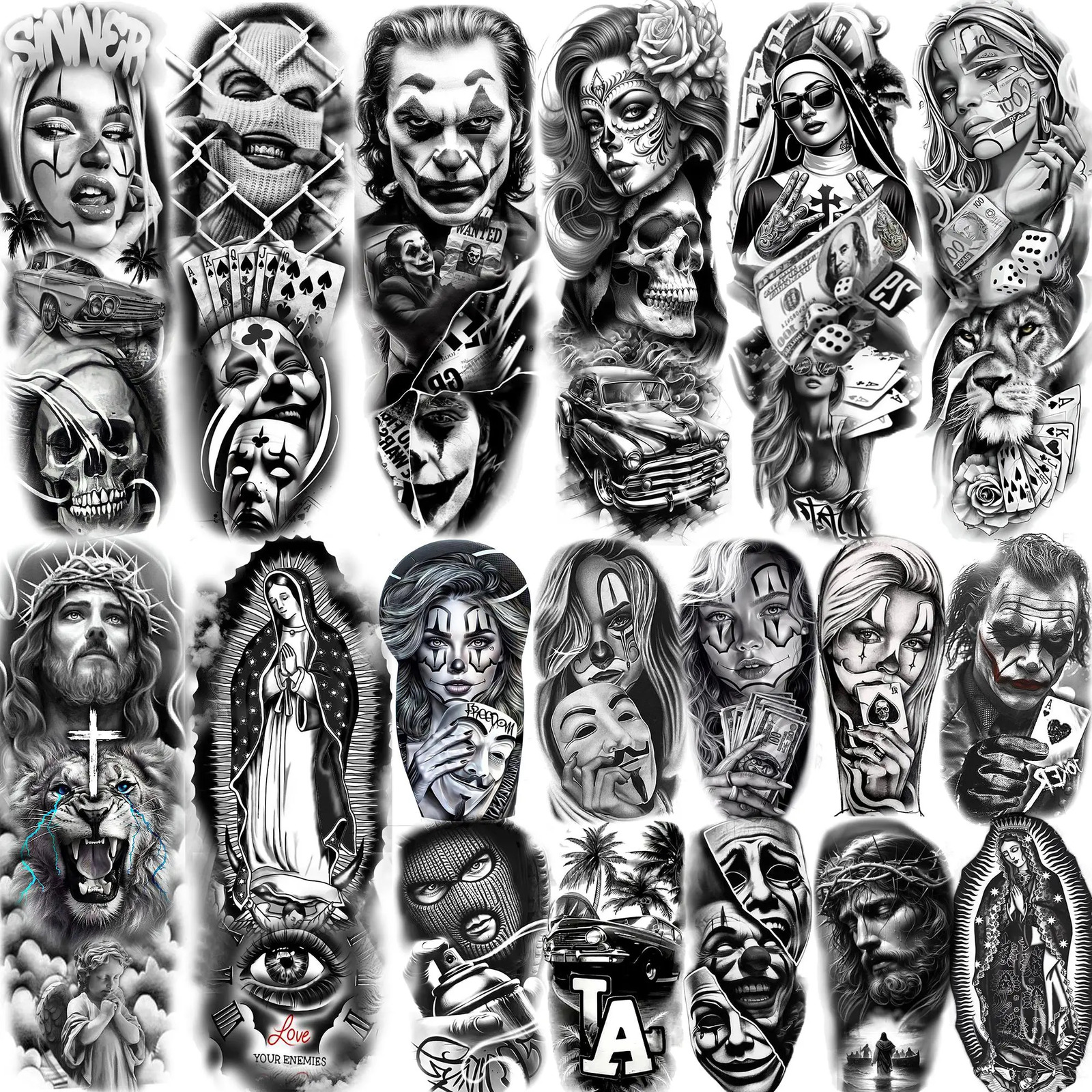 1 Sheet Full Arm Chichano Gangster Temporary Tattoos Sleeve Rebellious Nun Girls n Arm Tatoo Waterproof Fake Tattoo Sticker 251126