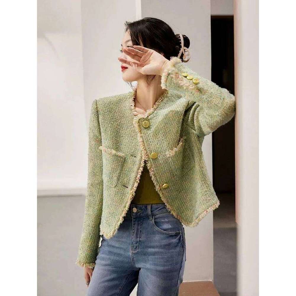 Fashion 2026 Chic Tassel Green Tweed Jackets Women Elegant Long Sleeve Korean Casual Short Coat New High Quality Sweet Outwear Tops Designer