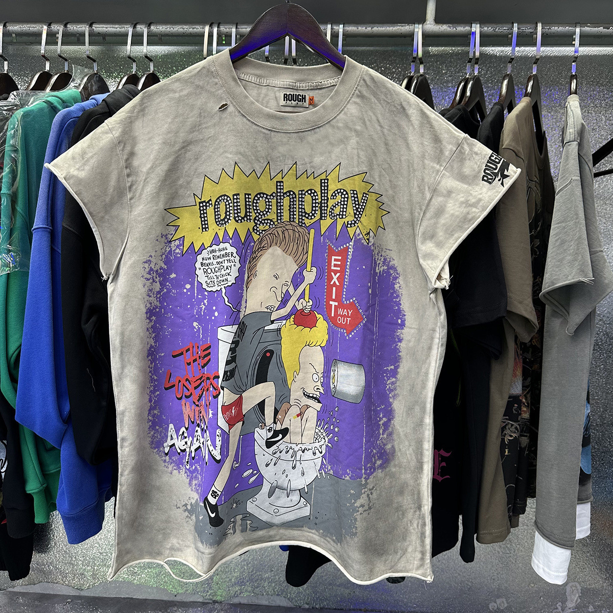 Men's T-Shirts RoughPlay Vintage Washed Skull Hip-hop Style Ripped Hole Patchwork Black Long Sleeves Casual Letter Printed Y2K Top Tees High-qual