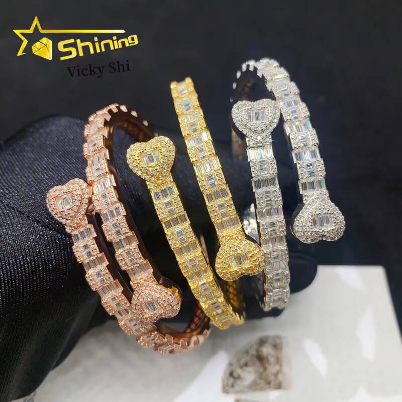 Shining New Double Heart Style Bangle Iced Out Bracelet Moissanite S925 Silver Baguette Moissanite Diamond Bracelet
