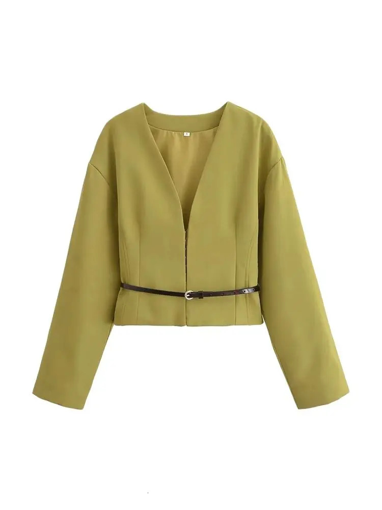 Womens Fitted Blazer Coat with Belt V Neck Long Sleeve Female Outerwear Chic Tops Fashion 251128
