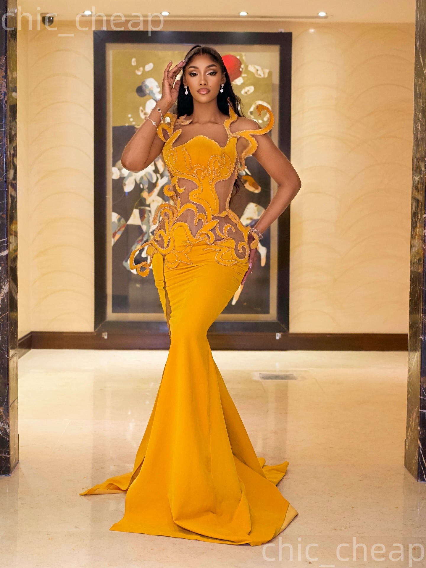 Aso Ebi Yellow Mermaid Prom Dresses 2026 Beaded Sheer Neck Stylish Satin Evening Formal Party Second Birthday Engagement Gowns Plus Size Dress For Spe