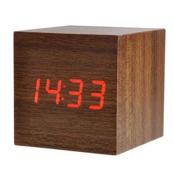 Mini Cube Alarm Clock Red Led Digital Voice Activated Brown Imitation Wood Plastic Shell Temperature Date Time Display Celsius M251205 - view 4